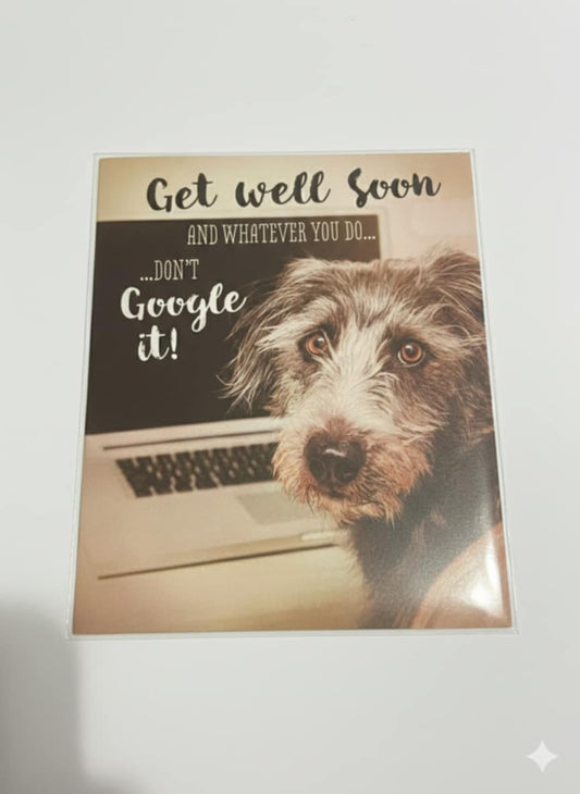get well soon greeting card dog at laptop humorous illustration playful recovery message card