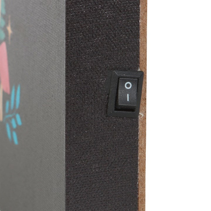 side view of light up forest mushroom canvas showing discreet on off switch