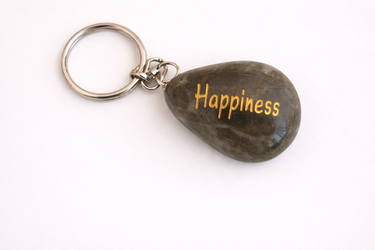 natural stone happiness keyring hand engraved polished pebble uplifting everyday pocket keepsake gift