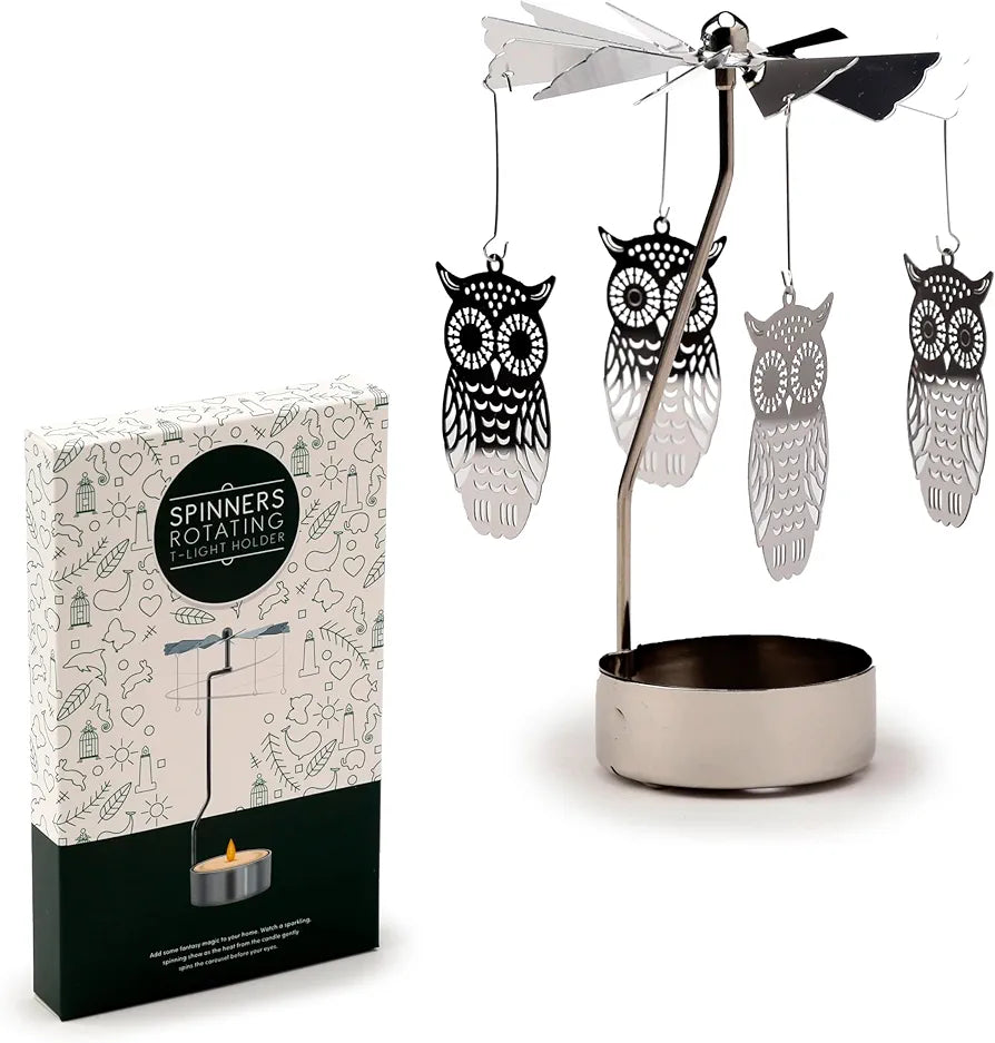 Rotating Owl Spinning Carousel Tea Light Candle Holder