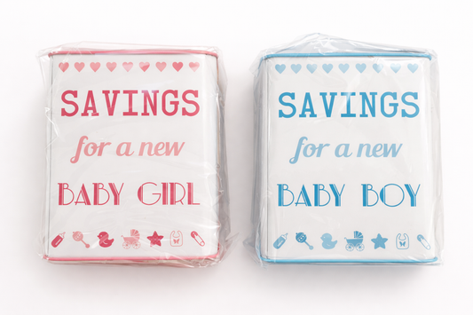 metal new baby savings money box keepsake gift for nursery shelf or dresser for girl or boy