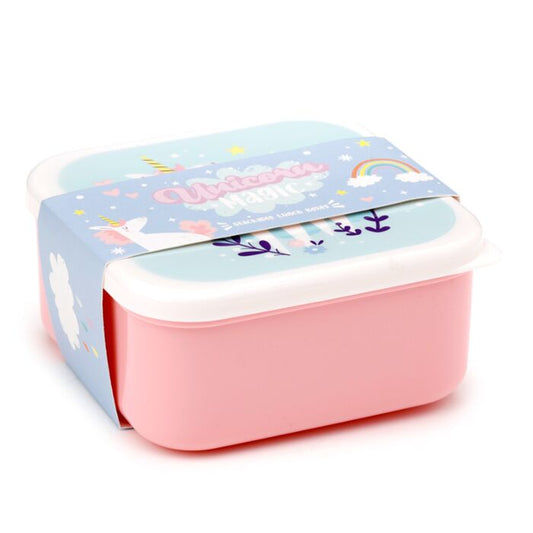 boxed set of unicorn magic lunch boxes in three sizes, featuring a colourful unicorn design