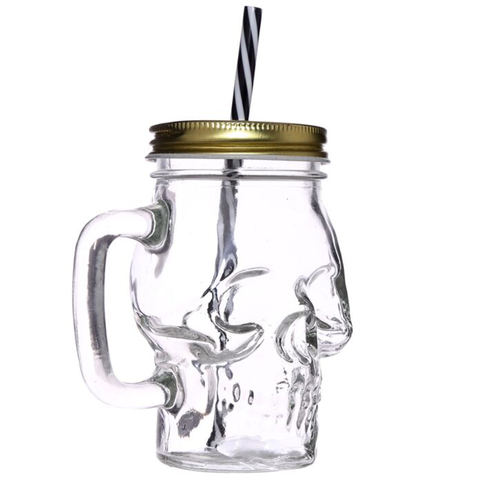 glass skull drinking jar angled view highlighting sculpted skull features