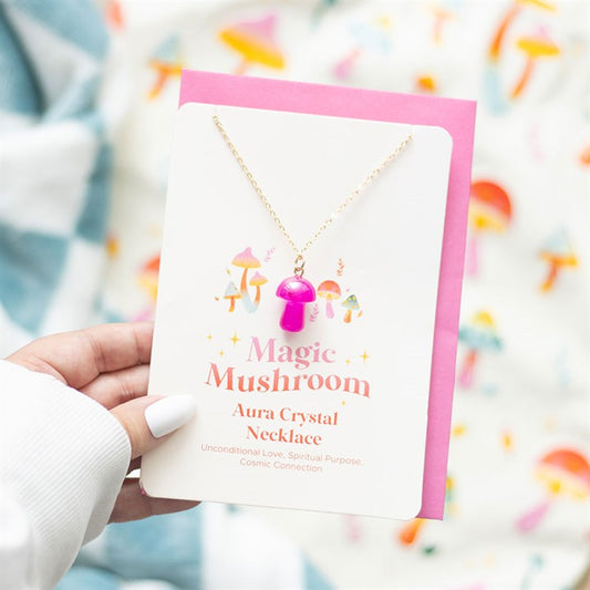 pink mushroom aura necklace greeting card styled in home setting with magical charm