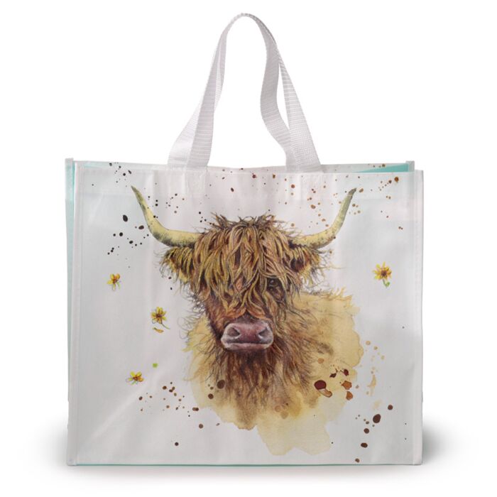 reusable polypropylene shopping bag featuring jan pashley highland coo illustration