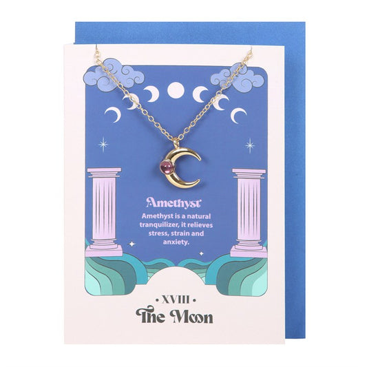 moon and amethyst necklace displayed on tarot greeting card with envelope