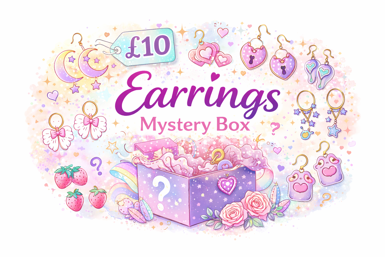 earrings mystery box containing four surprise pairs of assorted jewellery gift styles