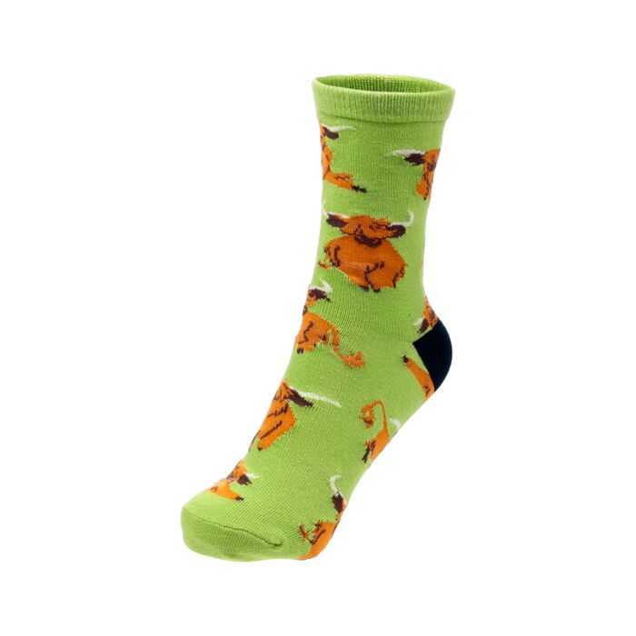 pair of hairy coos highland coo socks showing matching novelty pattern