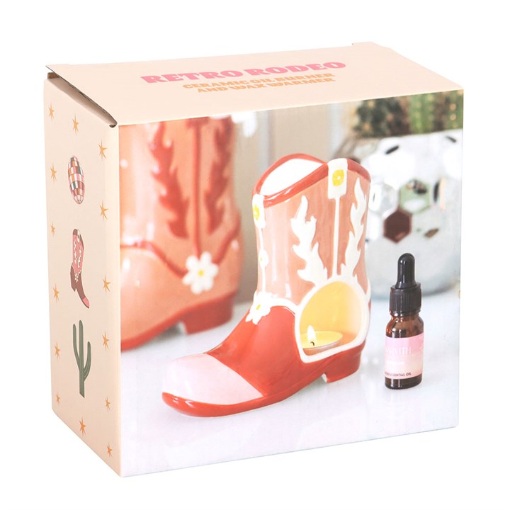 boxed pink cowboy boot oil burner presented ready for gifting