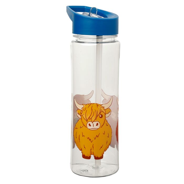 highland coo reusable water bottle standing upright showing full front design