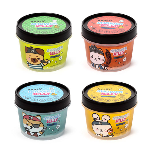 4 different shower jelly variants in packaging