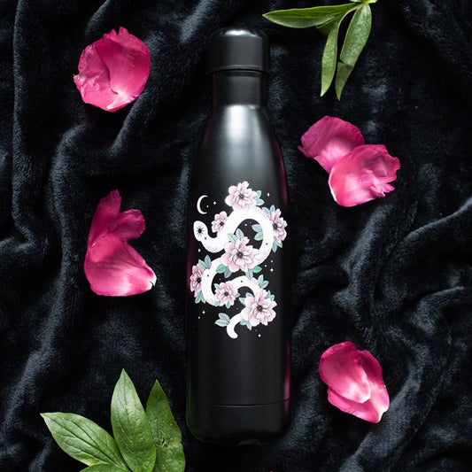 floral snake water bottle shown from above highlighting detailed gothic botanical design
