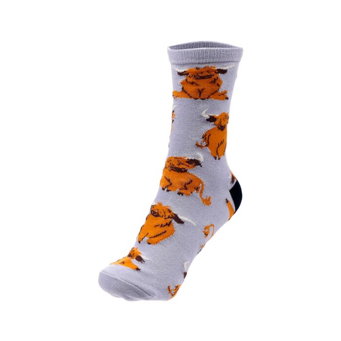 multiple views of hairy coos highland coo socks suitable for gifting