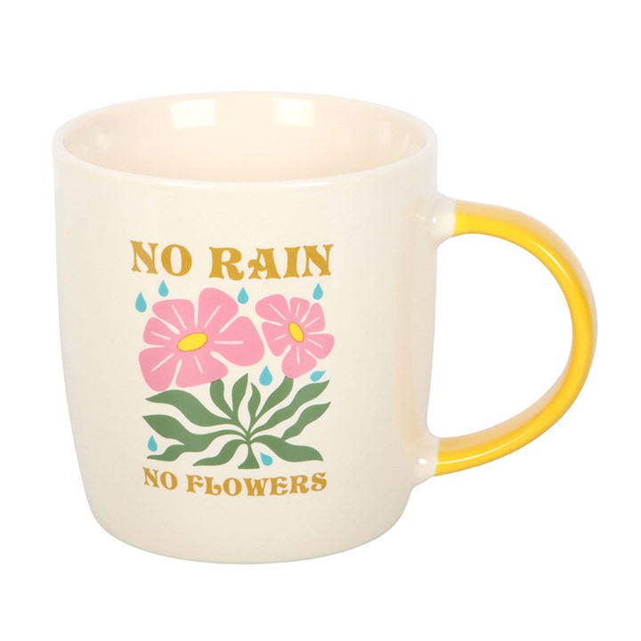 no rain no flowers mug shown displaying positive wording and decorative design