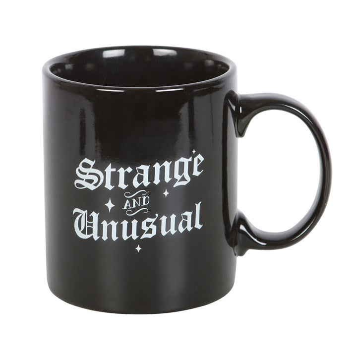 strange and unusual ceramic mug front view showing gothic text design
