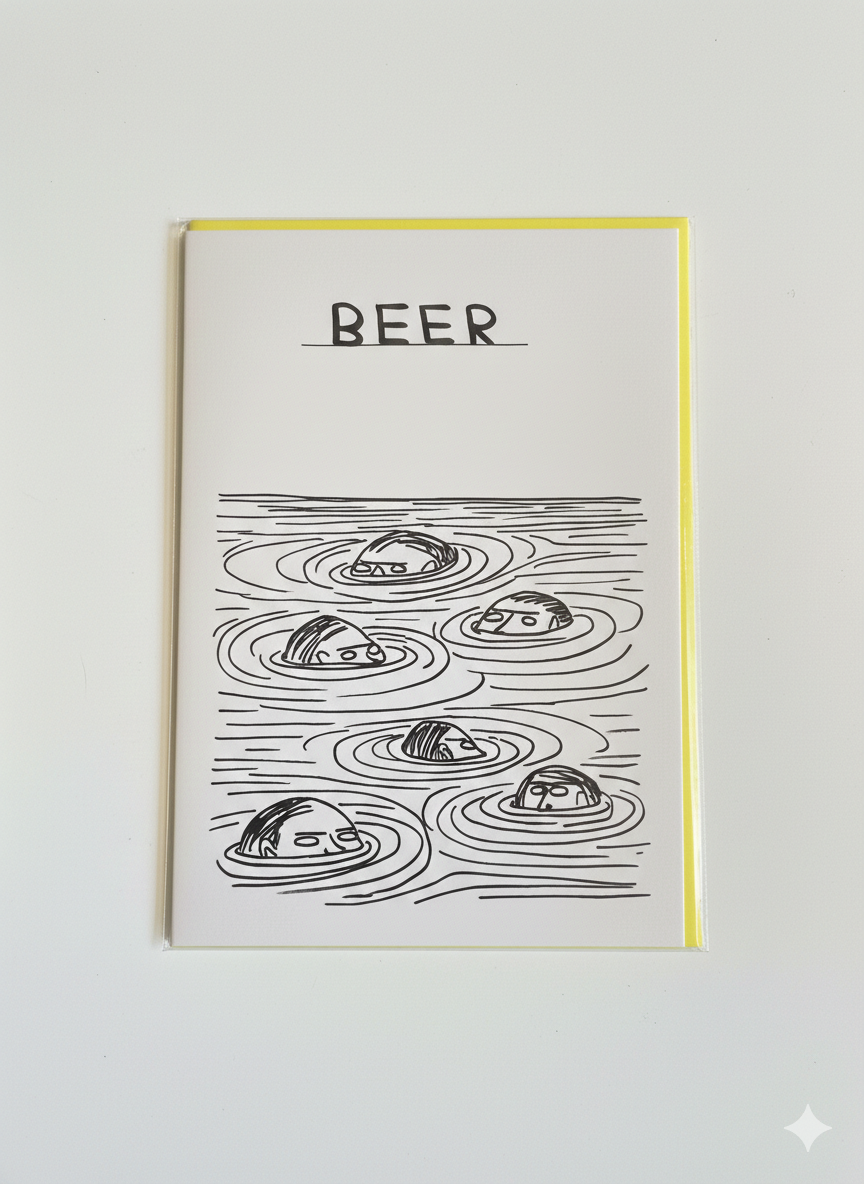 humorous beer themed greeting card illustrated people in beer playful design blank inside