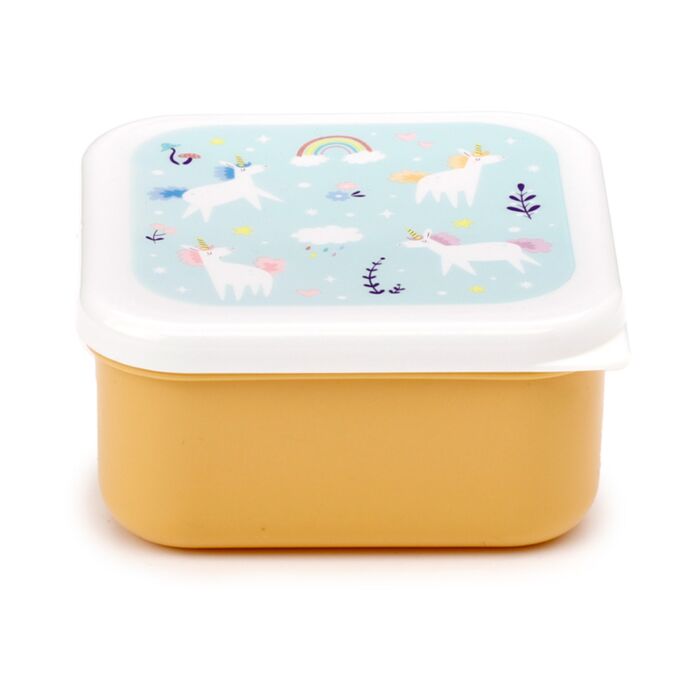yellow unicorn magic lunch box with a front view, decorated with the unicorn graphic