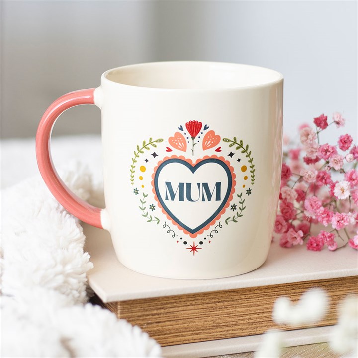 folk heart mum ceramic mug styled in home setting showing sentimental design