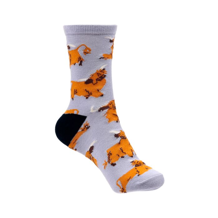 hairy coos highland coo socks displayed flat highlighting patterned fabric