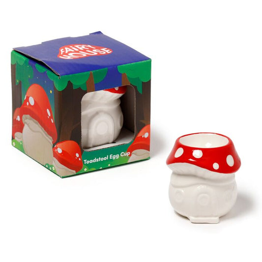 boxed fairy toadstool house ceramic egg cup with unboxed item displayed beside box