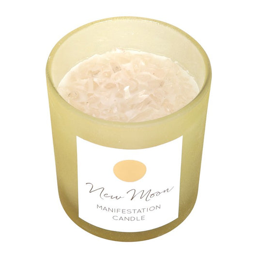 new moon wild orange crystal candle shown from above with quartz crystals visible