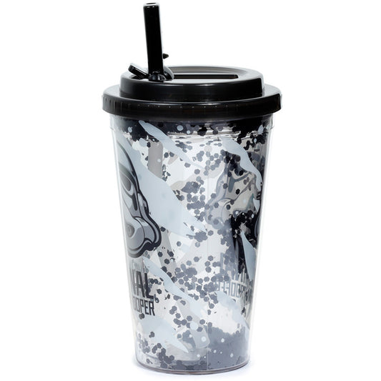 back view of stormtrooper double walled cup with straw, highlighting lid and branding features