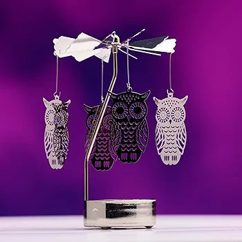 rotating owl spinning tea light candle holder metal carousel