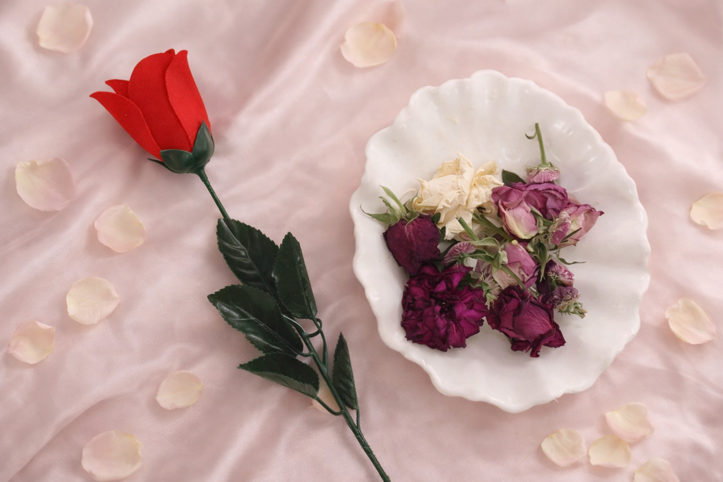 single red polysilk rose with green foliage, detailed artificial flower