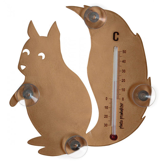room & garden thermometer with metal squirrel design attached to window with suction cups