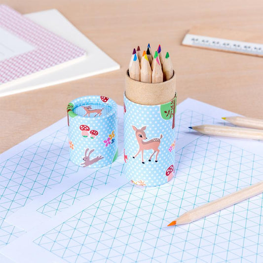 woodland creatures colouring pencil pot set of 12, vintage design, perfect for creativity, easy storage and access