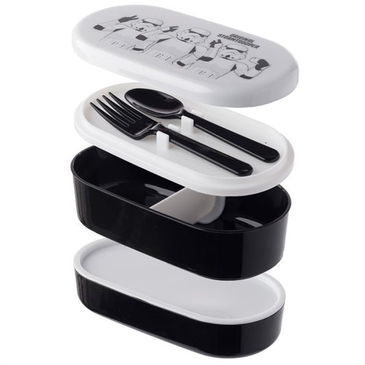 star wars stormtrooper bento lunch box with fork and spoon shown separated components