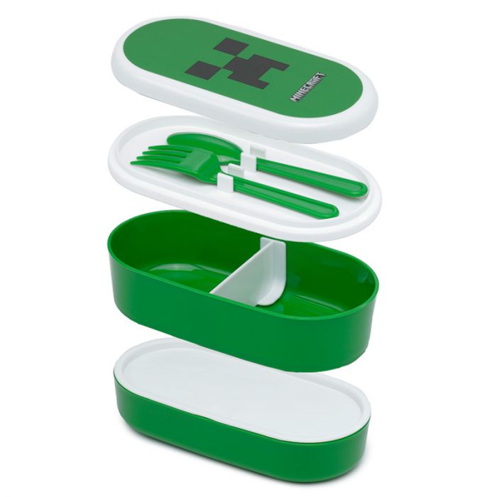 Minecraft Creeper Stacked Bento Lunch Box With Fork & Spoon
