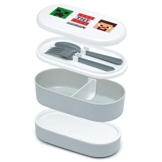minecraft faces bento lunch box opened showing stacked compartments fork and spoon