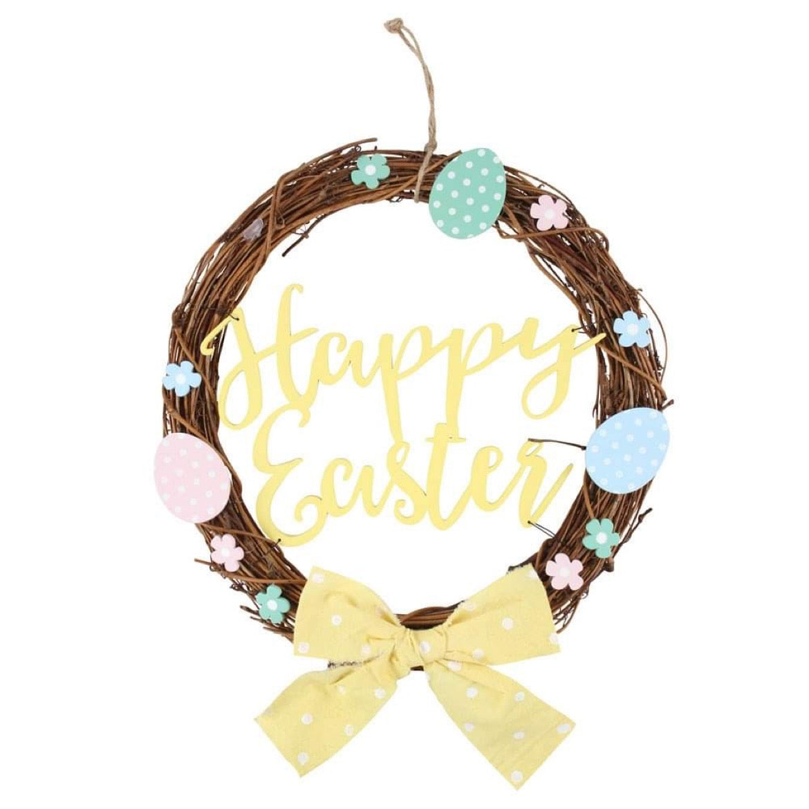 Easter willow hanging wreath with happy Easter sign pastel eggs flowers and yellow bow