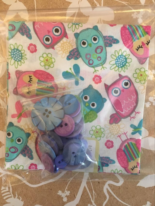 owl pattern cotton fat quarter with matching assorted buttons craft sewing pack