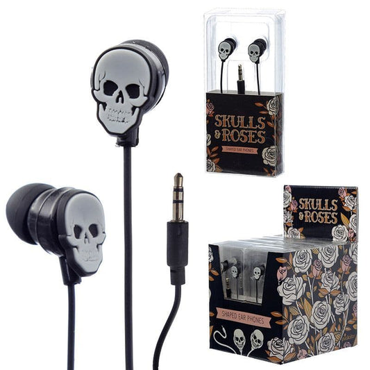 skulls and roses wired earbuds retail display, buds with jack connection and boxed gift item